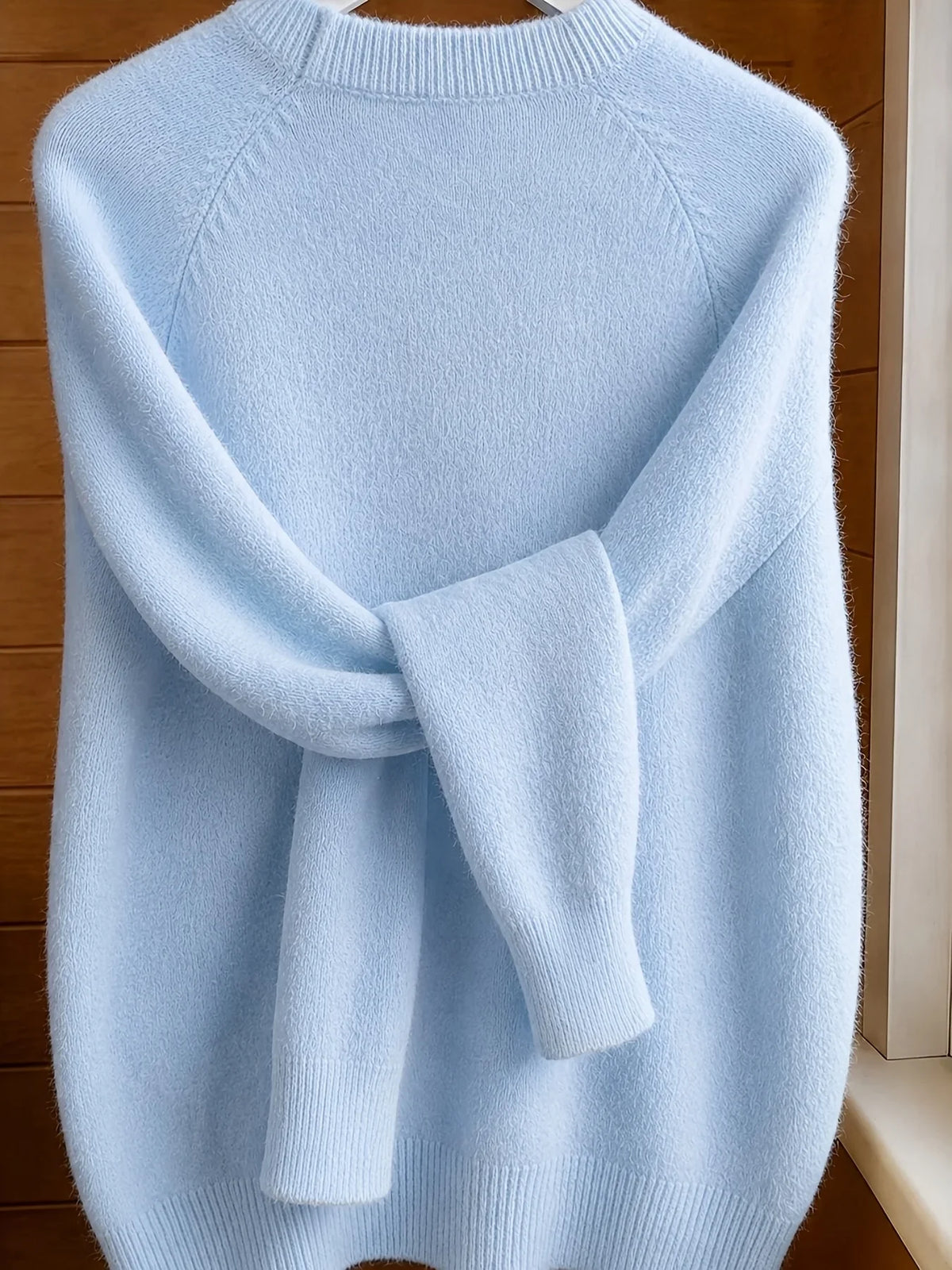 Pullover da donna azzurro chiaro, a maniche lunghe, girocollo, dalla vestibilità ampia