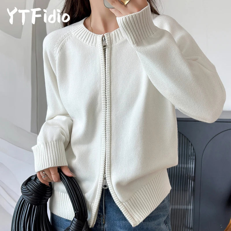 Gilet en maille pour femme avec fermeture éclair, col rond et manches longues