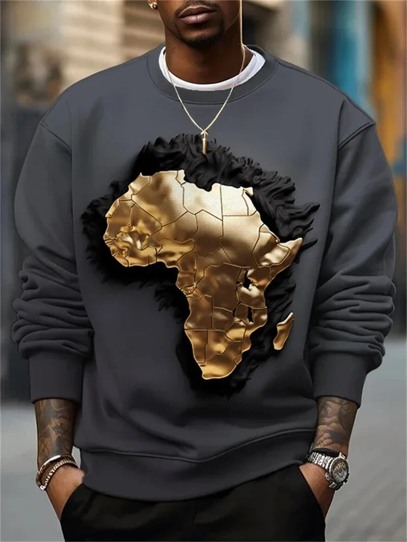 Unisex Sweatshirt mit Afrikakarten- und Augen-Print, Rundhals, Langarm