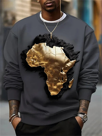 Unisex Sweatshirt mit Afrikakarten- und Augen-Print, Rundhals, Langarm