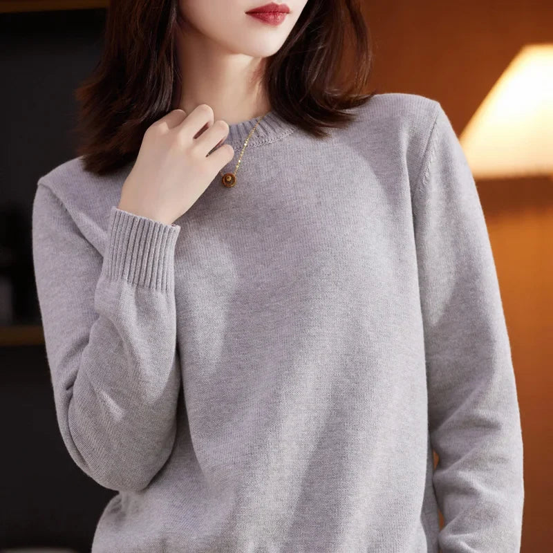 Damen Pullover Rundhals Langarm Strickpullover Rippbündchen Unifarben