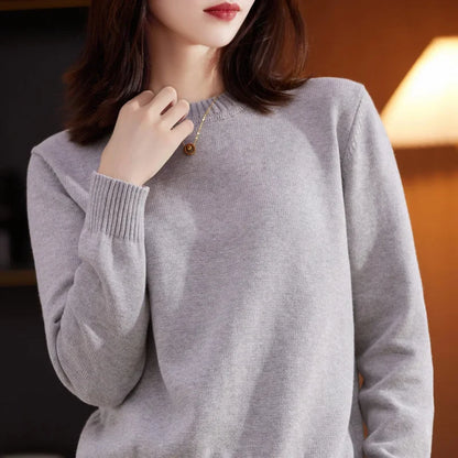 Damen Pullover Rundhals Langarm Strickpullover Rippbündchen Unifarben