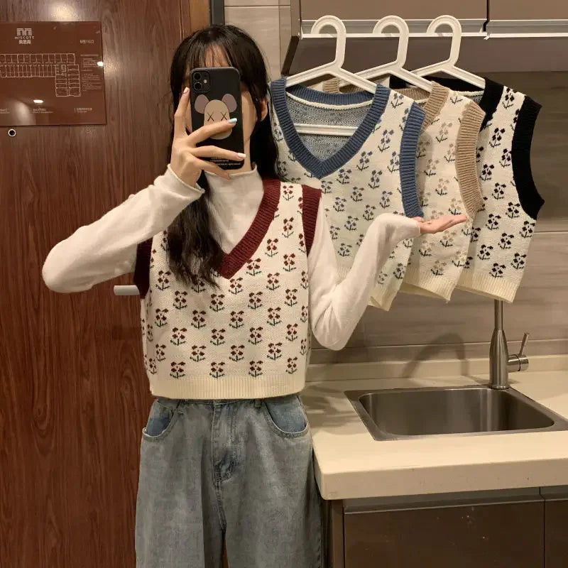 Chaleco de punto para mujer con escote en V y estampado floral & chaleco tipo jersey de manga corta