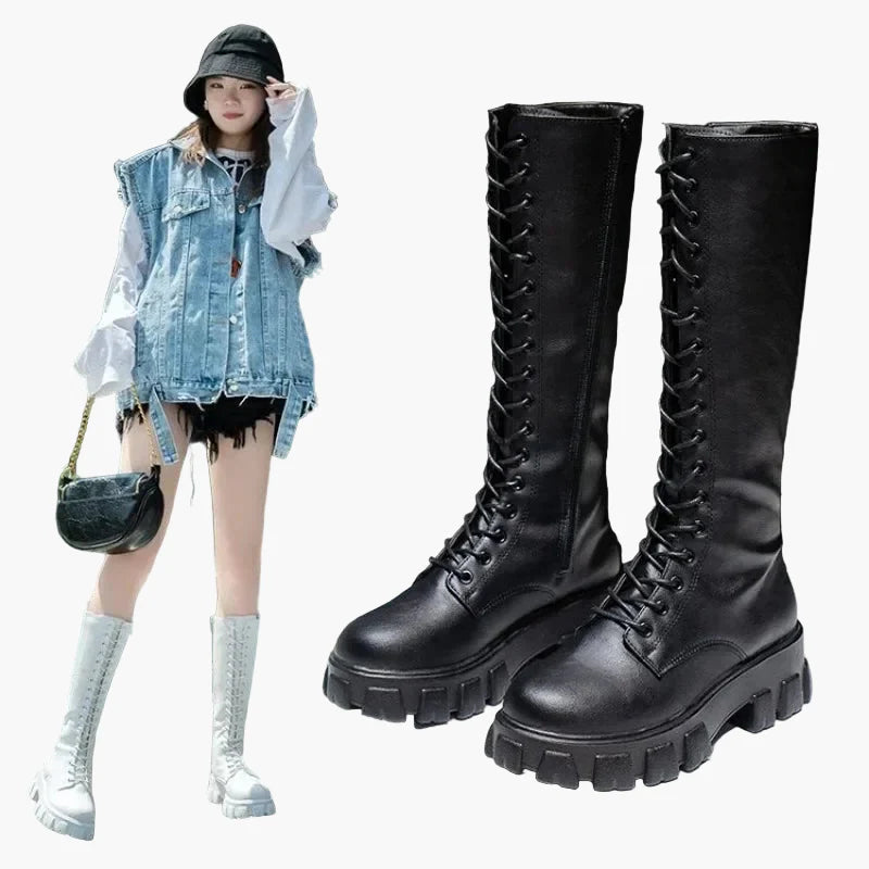 Stivali da donna con plateau e lacci in stile Gothic Punk – Stivali alti alla moda per tutti i giorni e festival