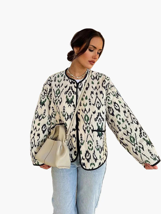 Dames gewatteerd jack in boho-stijl – Casual overgangsjack met modern patroon voor dagelijks gebruik en vrije tijd