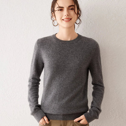 Pull femme à col rond et manches longues, maille fine, basique