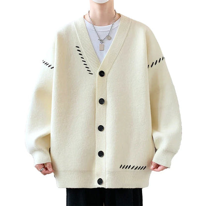 Unisex-strikcardigan med V-hals, knaplukning og dekorativt broderi