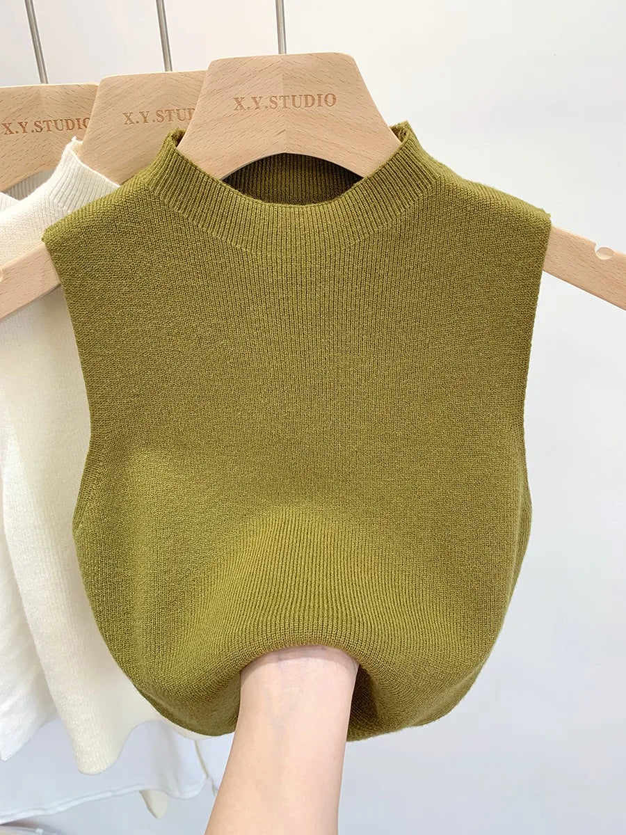 Ärmelloses Stricktop Damen Stehkragen Rippstrick Tanktop