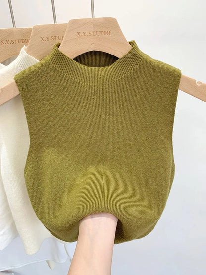 Ärmelloses Stricktop Damen Stehkragen Rippstrick Tanktop
