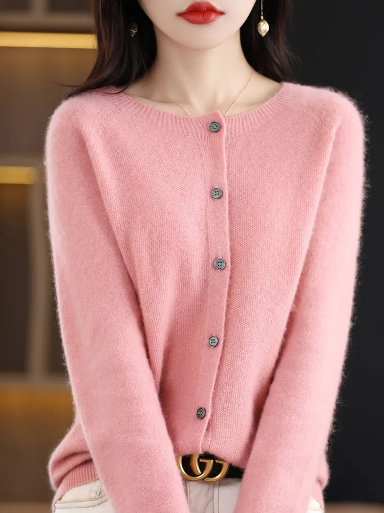 Damen Strickjacke mit Rundhalsausschnitt, Knopfleiste und langen Ärmeln, meliert grau