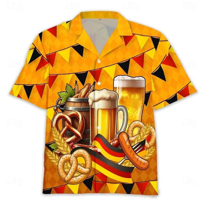Męska koszula z krótkim rękawem, motyw Oktoberfestu, piwo, precel, kiełbasa, żółta