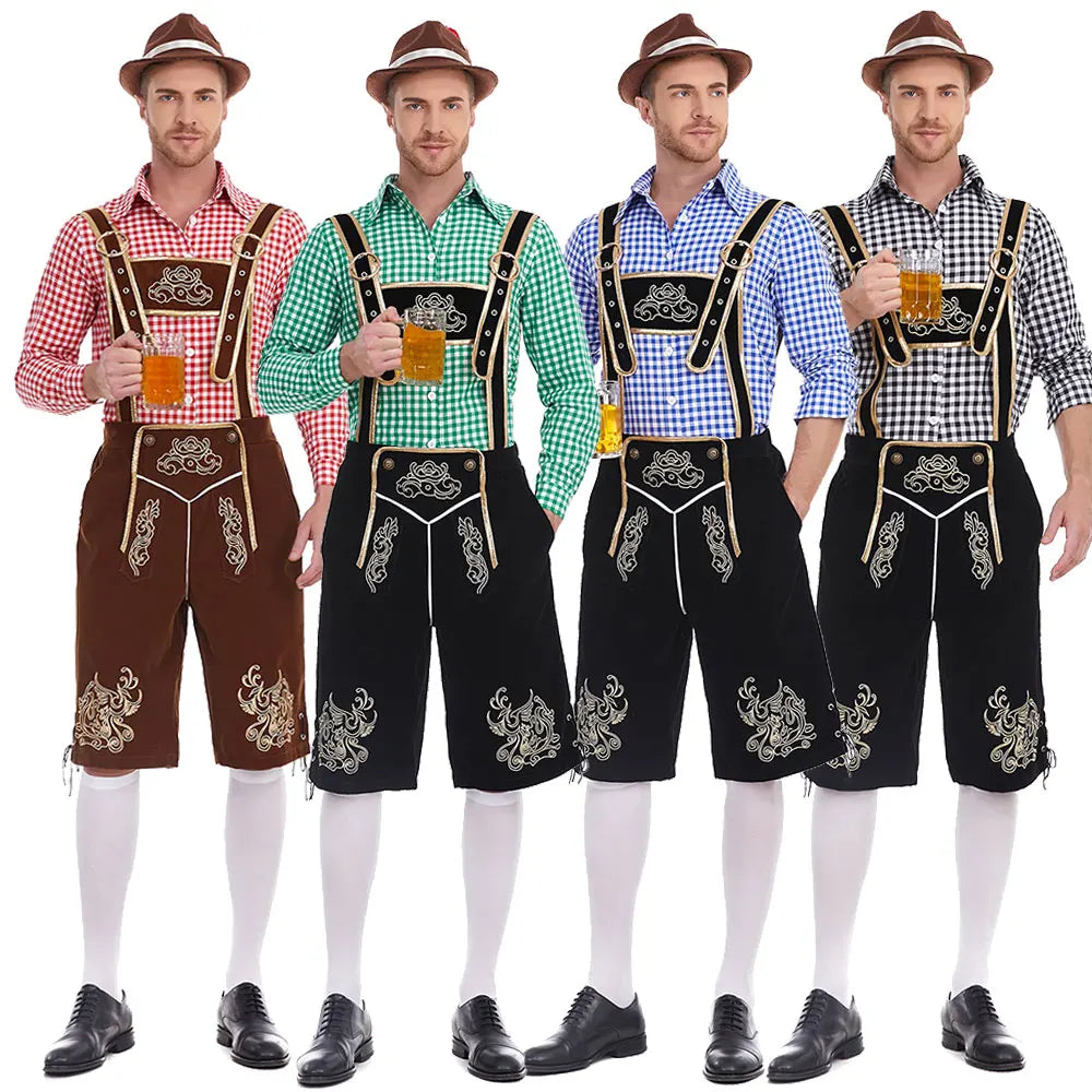 Herren Trachten Lederhose mit Hemd und Hosenträgern Geringeltes Karo-Muster