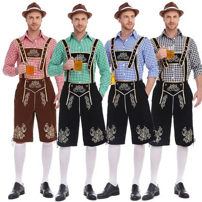 Herren Trachten Lederhose mit Hemd und Hosenträgern Geringeltes Karo-Muster