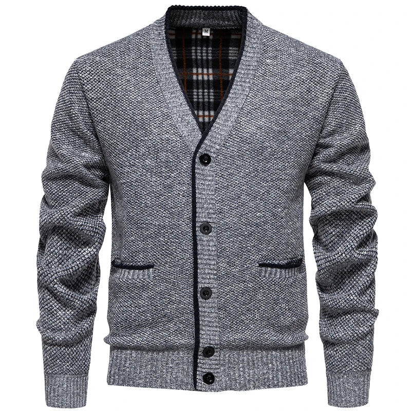 Cardigan da uomo in maglia mélange con scollo a V, abbottonatura e tasche