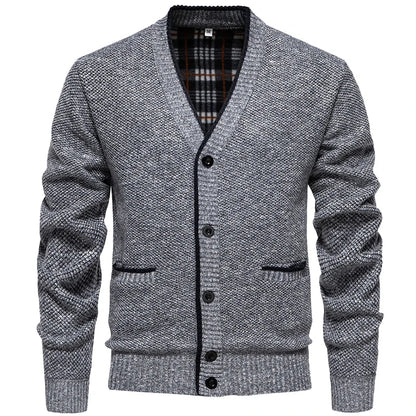Cardigan da uomo in maglia mélange con scollo a V, abbottonatura e tasche
