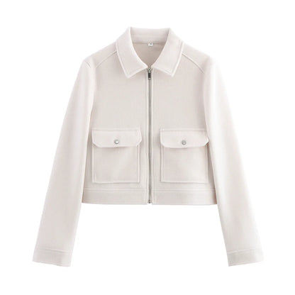 Chaqueta corta de entretiempo para mujer con cremallera y bolsillos con solapa