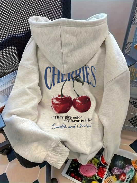 Hoodie för dam med körsbärstryck - mysig huvtröja med motiv