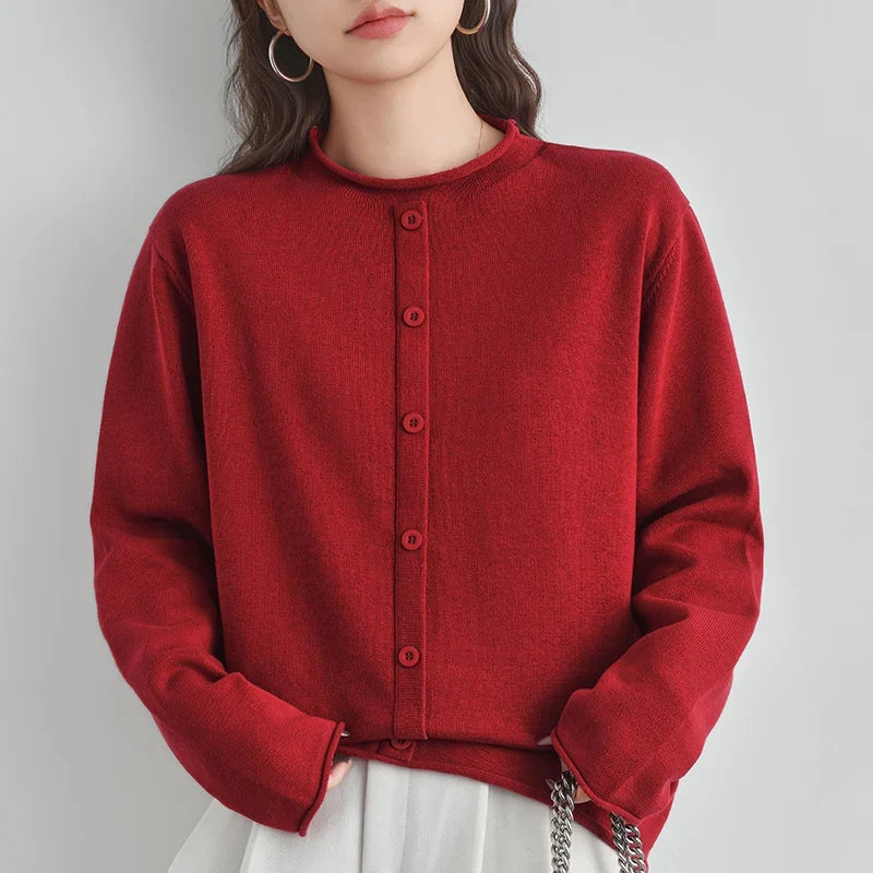 Damen Strickjacke mit Rundhalsausschnitt Knopfleiste Langarm