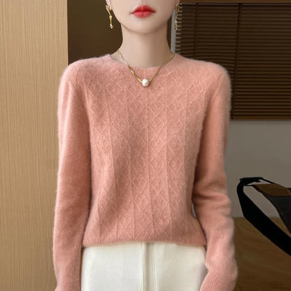Damen Strickpullover Rundhals mit Rautenmuster Langarm
