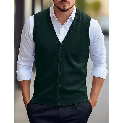 Gilet da uomo lavorato a maglia, con scollo a V, abbottonatura, grigio scuro e senza maniche