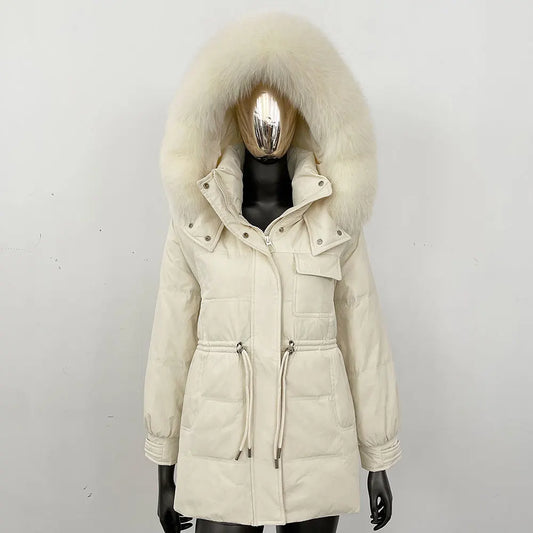 Damen Winter Steppjacke mit Fellkapuze & Taillenzug Beige