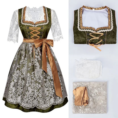 Damesdirndl met kant en schort in groen-goud