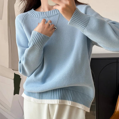 Damen Pullover Rundhals Rippbündchen Strick