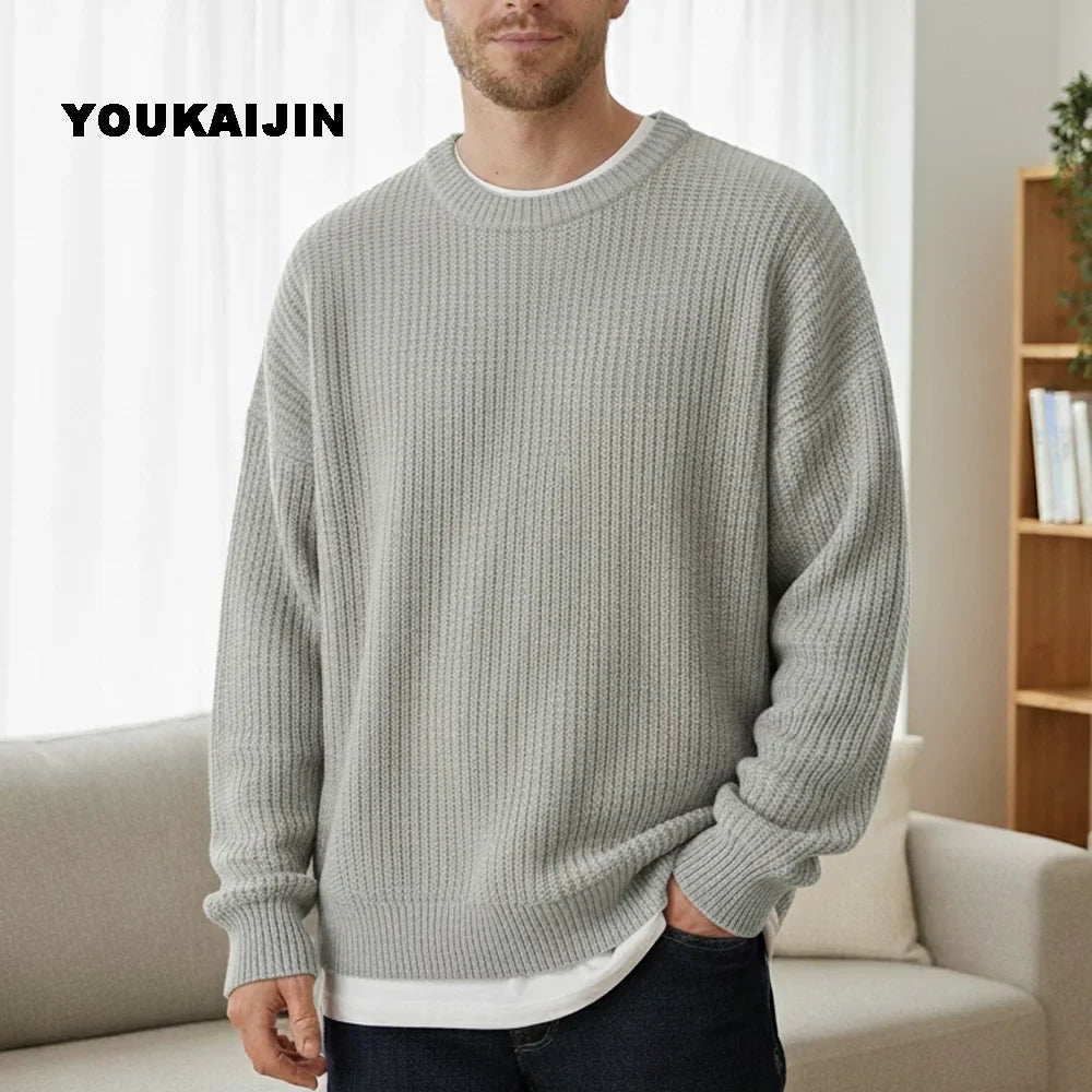 Pullover da uomo in maglia, girocollo, maglia grossa, tinta unita