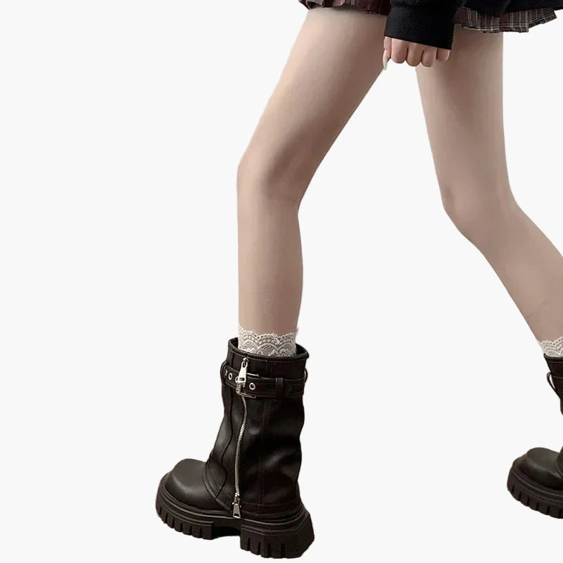 Damen Plateau Stiefel mit Reißverschluss und Schnalle – Trendige Mid-Calf Boots für Herbst & Winter