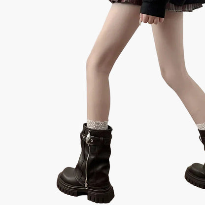 Damen Plateau Stiefel mit Reißverschluss und Schnalle – Trendige Mid-Calf Boots für Herbst & Winter