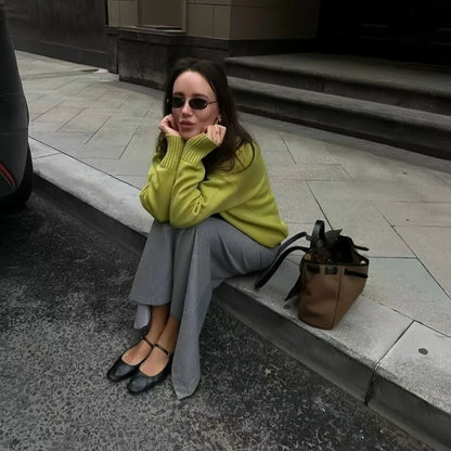 Damestrikpullover med rund hals, lange ærmer, oversize