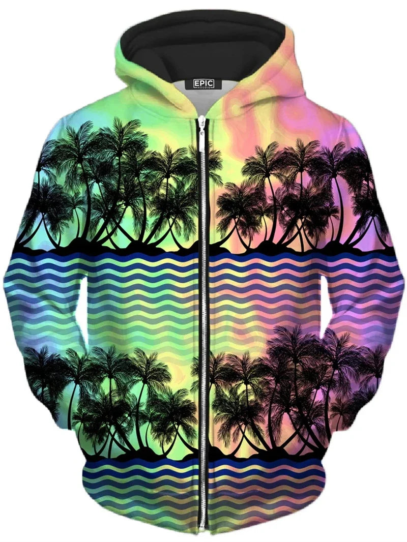 Hoodie mit Reißverschluss & farbigem Baum-Print, bunt