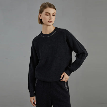 Pull pour femme à col rond, texture côtelée et couture décorative