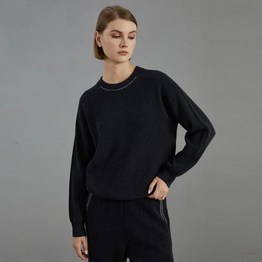 Pull pour femme à col rond, texture côtelée et couture décorative