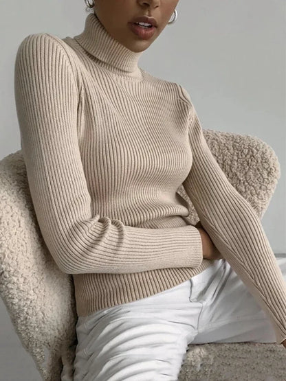 Damen Rollkragenpullover Rippstrick Langarm Eng Anliegend