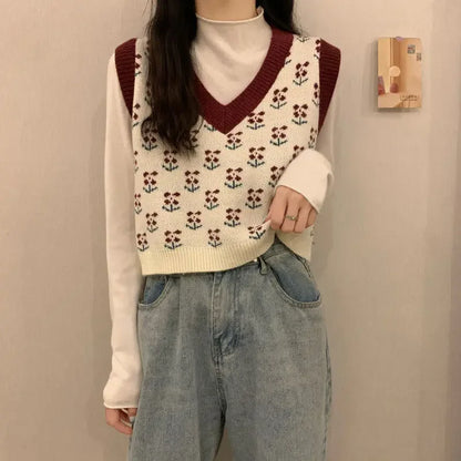 Chaleco de punto para mujer con escote en V y estampado floral & chaleco tipo jersey de manga corta