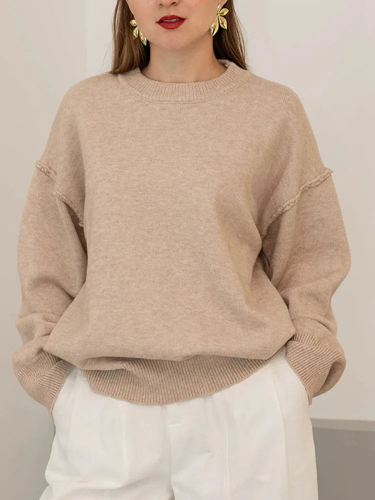 Damski oversize'owy dzianinowy sweter z okrągłym dekoltem i długim rękawem, luźny krój