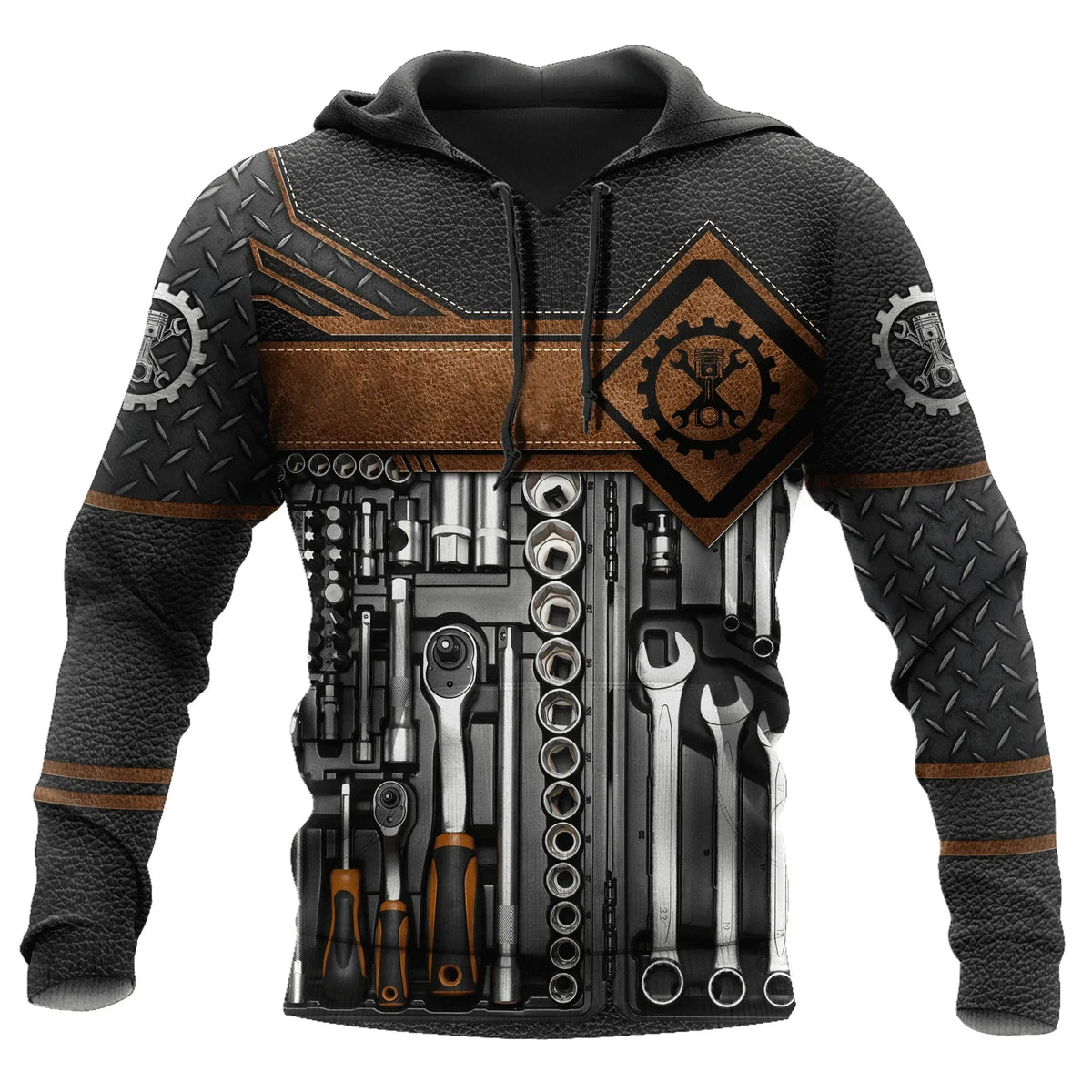Herren Kapuzenpullover Mechanic Maschinenmotiv Hoodie Schwarz Grau