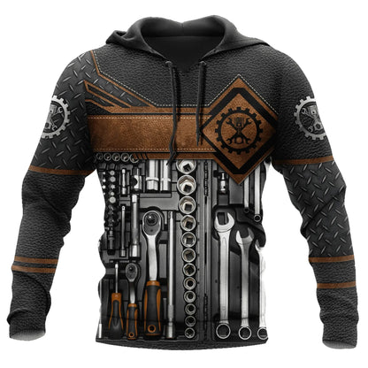 Herren Kapuzenpullover Mechanic Maschinenmotiv Hoodie Schwarz Grau