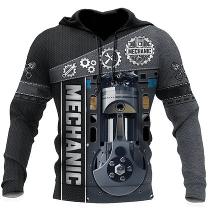 Herren Kapuzenpullover Mechanic Maschinenmotiv Hoodie Schwarz Grau