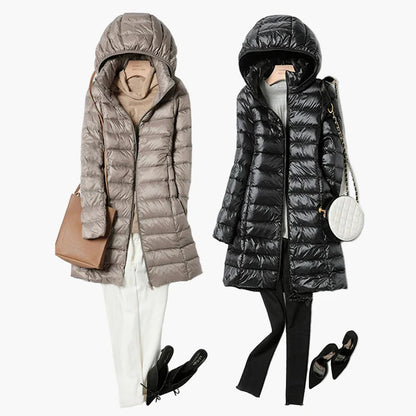 Dames winter gewatteerde mantel met capuchon – Stijlvolle lange outdoor puffer voor dagelijks en vrijetijd