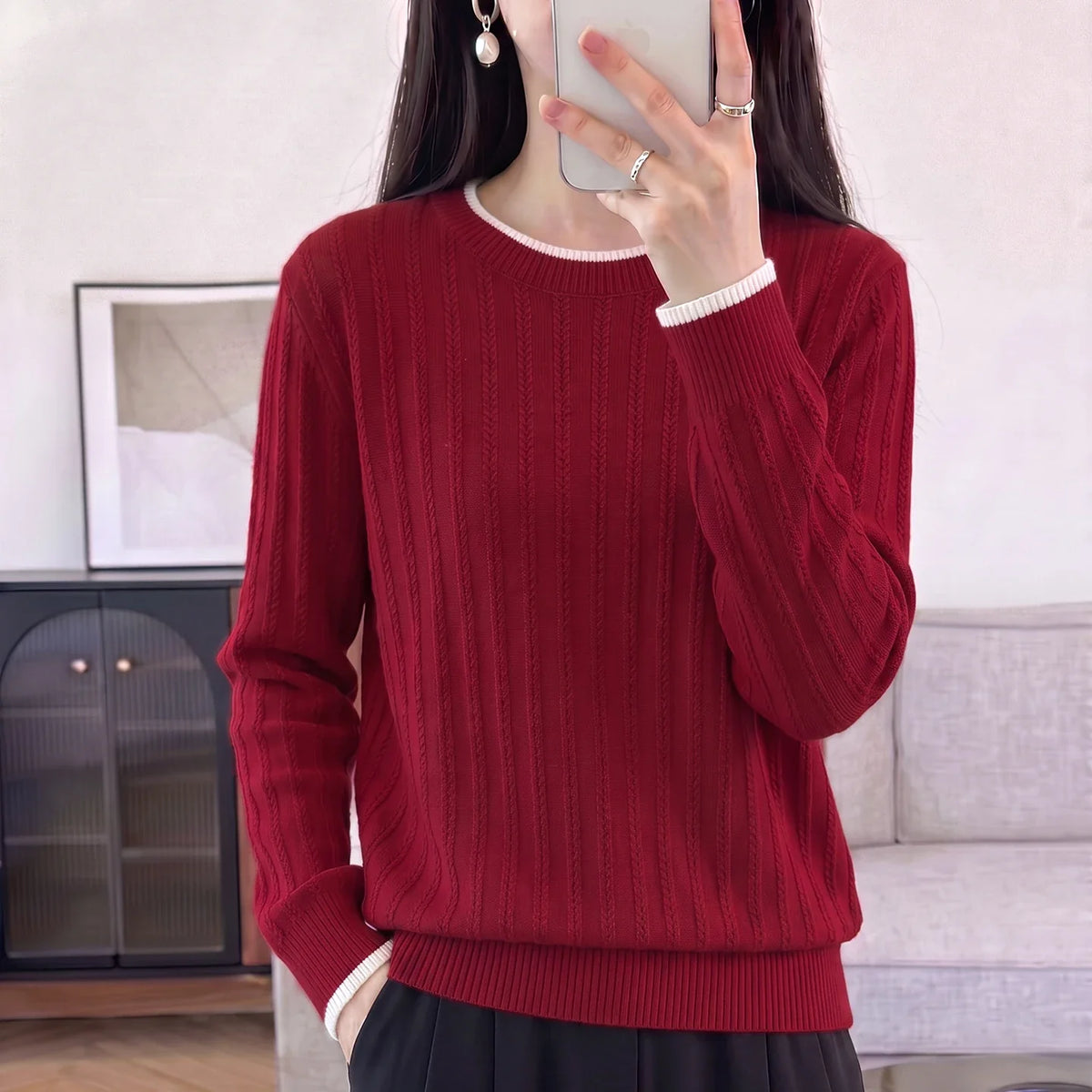 Damen Pullover Langarm Rundhals Feinstrick
