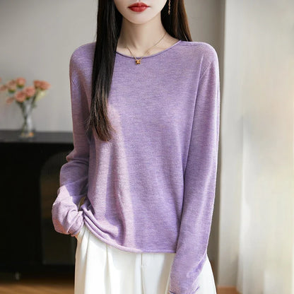 Suéter de manga larga para mujer con cuello redondo, tejido fino y diseño básico