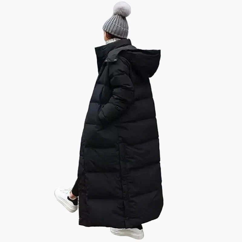Cappotto lungo trapuntato invernale da donna con cappuccio – Parka outdoor alla moda per giornate fredde