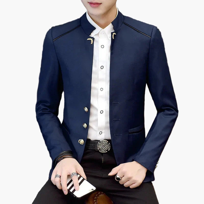 Męski blezer z kołnierzem stójką, nowoczesny, business casual, slim fit
