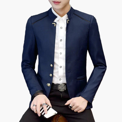 Męski blezer z kołnierzem stójką, nowoczesny, business casual, slim fit