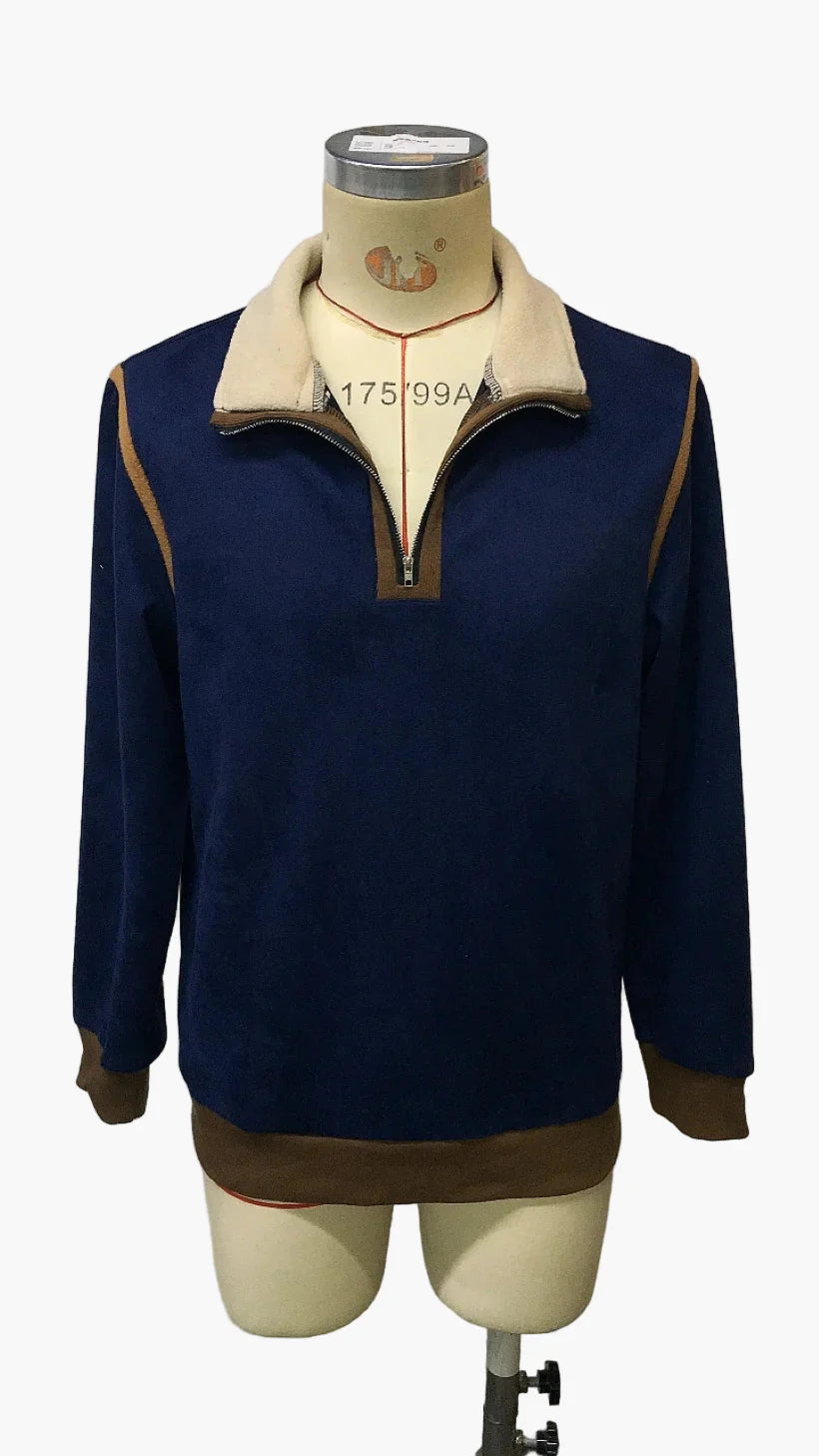Męski vintage sweatshirt patchwork ze stójką i zamkiem – Retro sweter na jesień i zimę na czas wolny i streetwear
