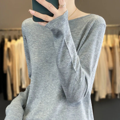 Damepullover med lange ærmer, finstrik og U-hals