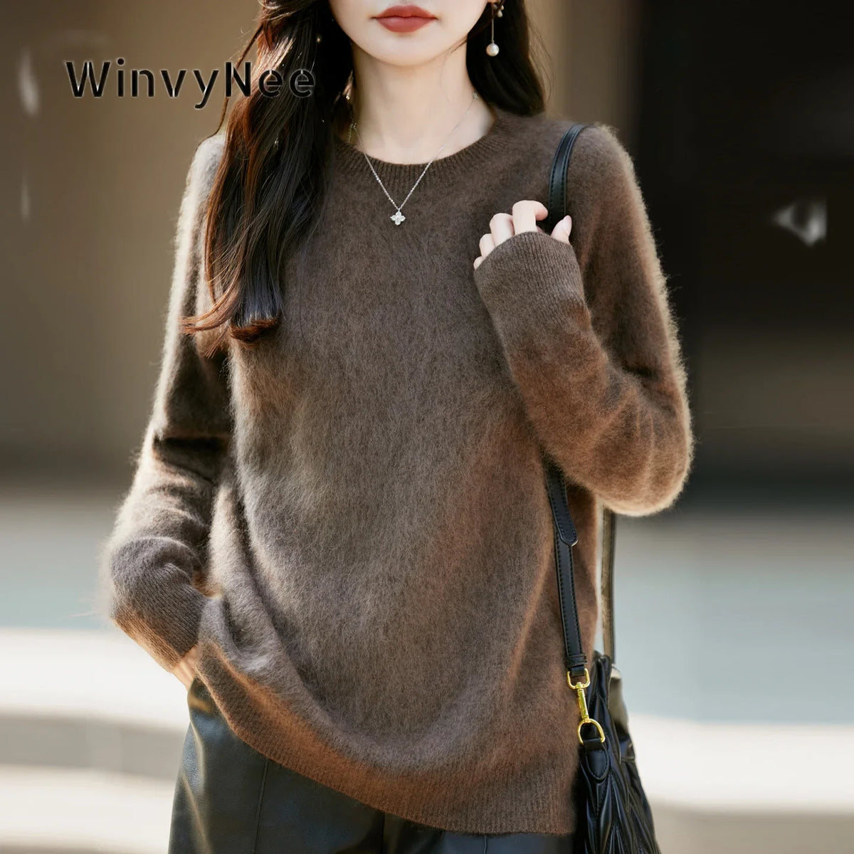 Pullover da donna in maglia, a girocollo, a maniche lunghe, morbido