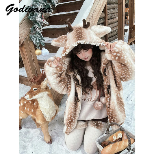 Manteau en peluche tacheté avec capuche et oreilles de renne, beige-marron